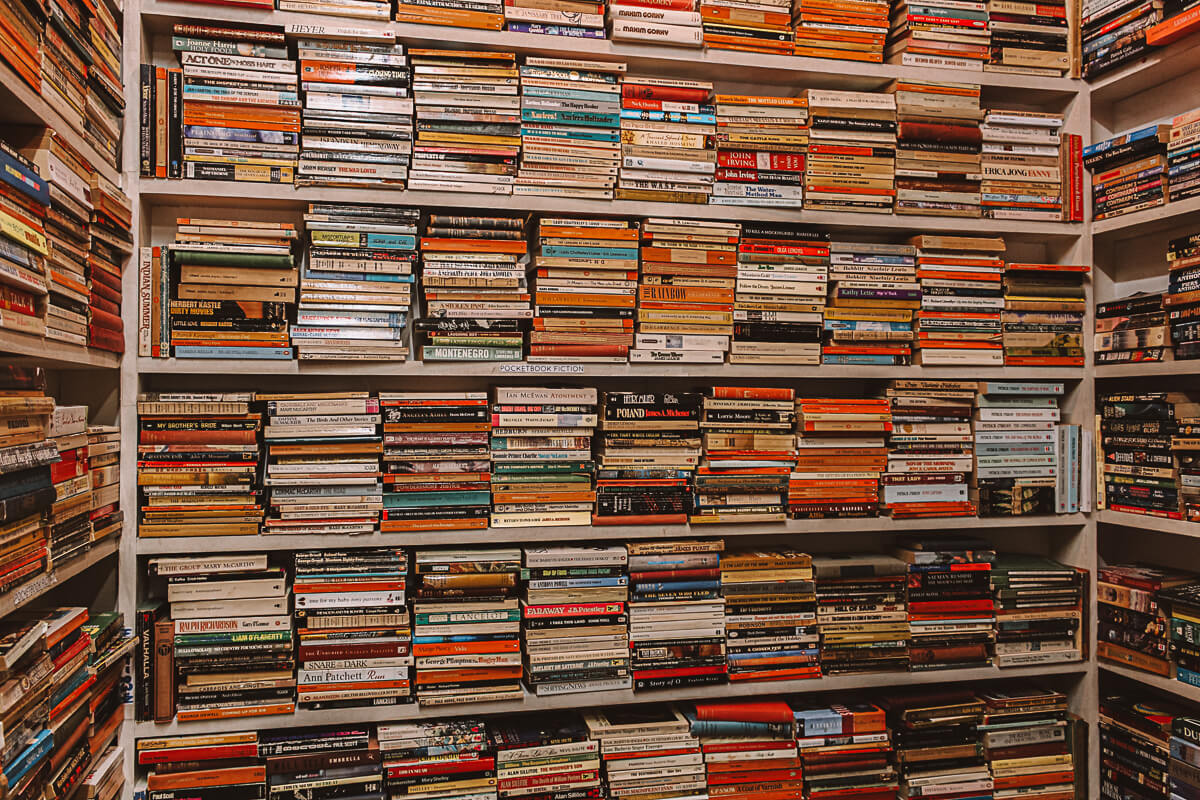 Bookshelves inside San Francisco Books co Bookshop in Paris