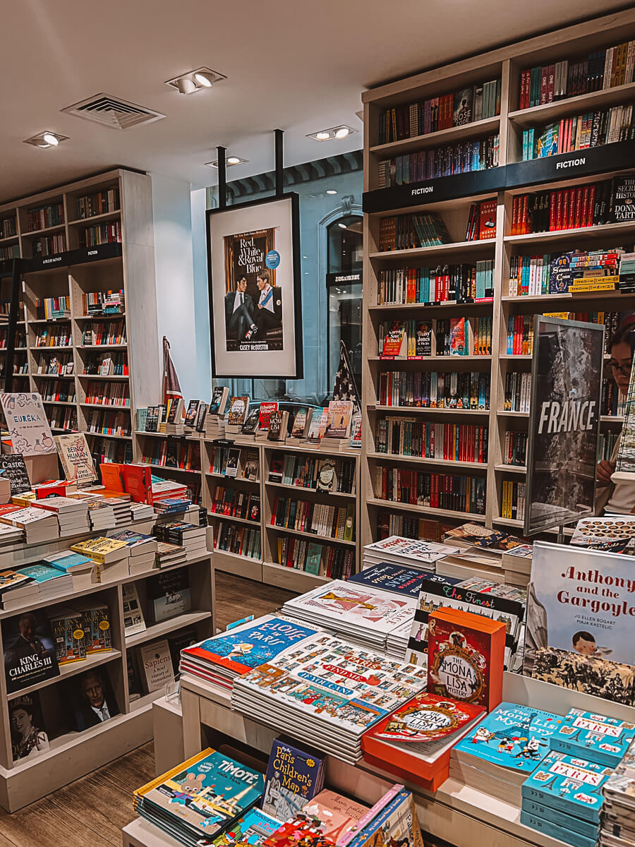 Bookshelves inside Smith & Son bookshop in Paris
