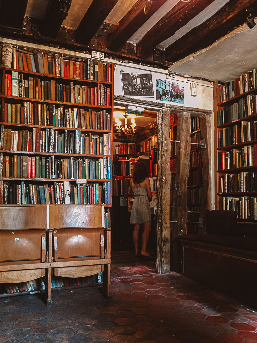 Inside the top floor of Shakespeare & Co bookshop in Paris
