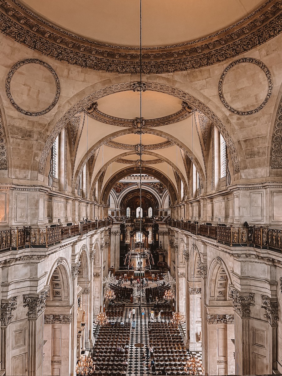 View from the mezzanine level at St Paul's Cathedral where you can see the whole cathedral and dome before you. 