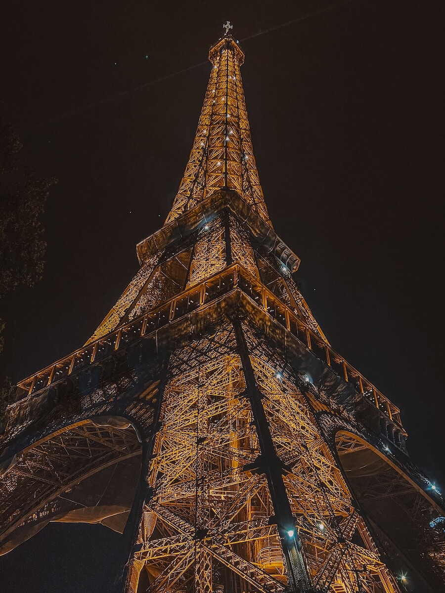The Eiffel Tower at night and from below