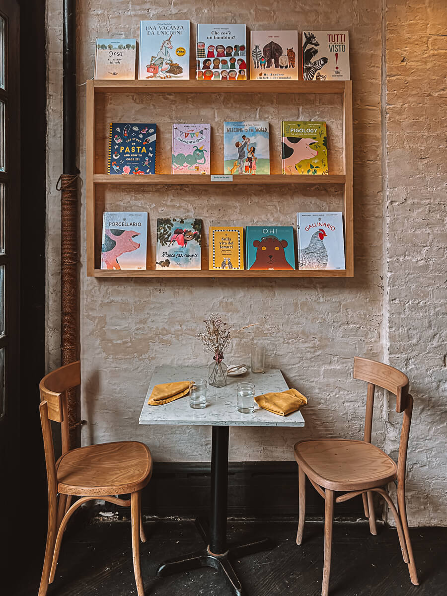 Inside Sullaluna restaurant / bookshop in New York city.