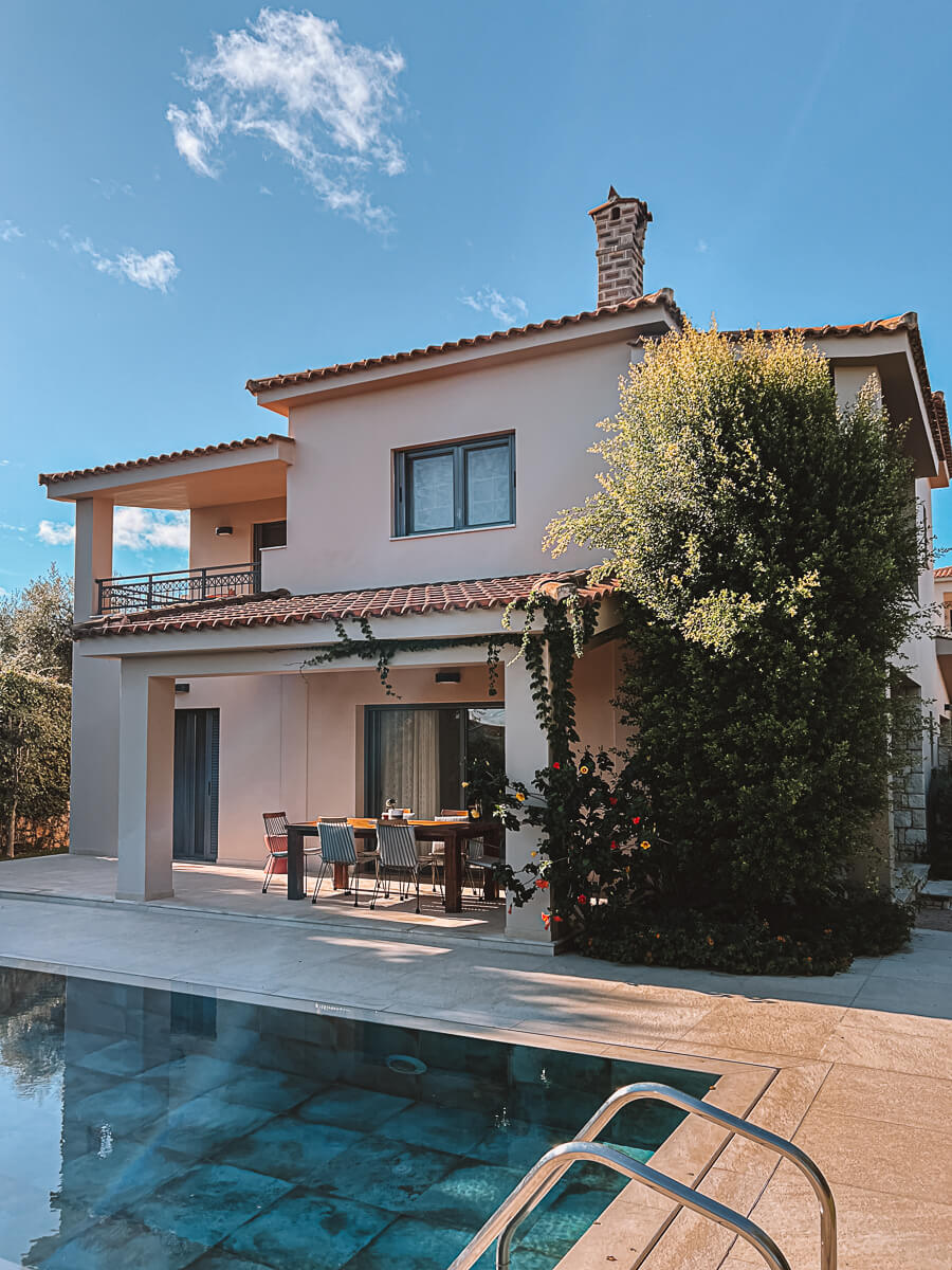 View of beautiful villa in Zakynthos Greece for a reading retreat with pool in front 