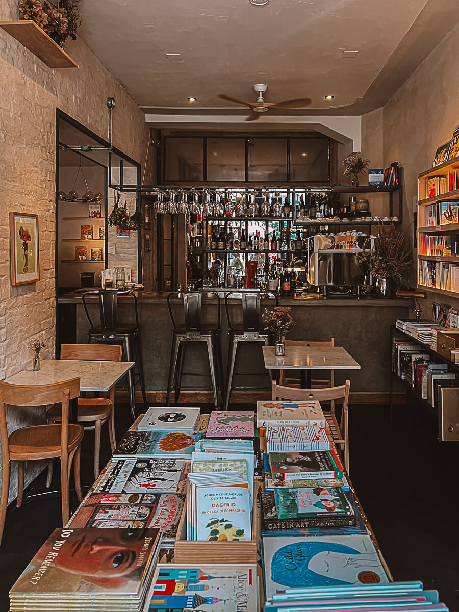 Bar area and bookshop inside Sullaluna in New York City.