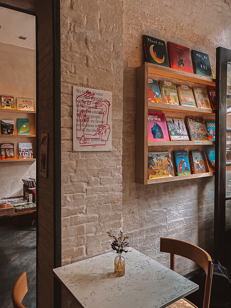 Bookshelves inside Sullaluna bookshop in New York city.