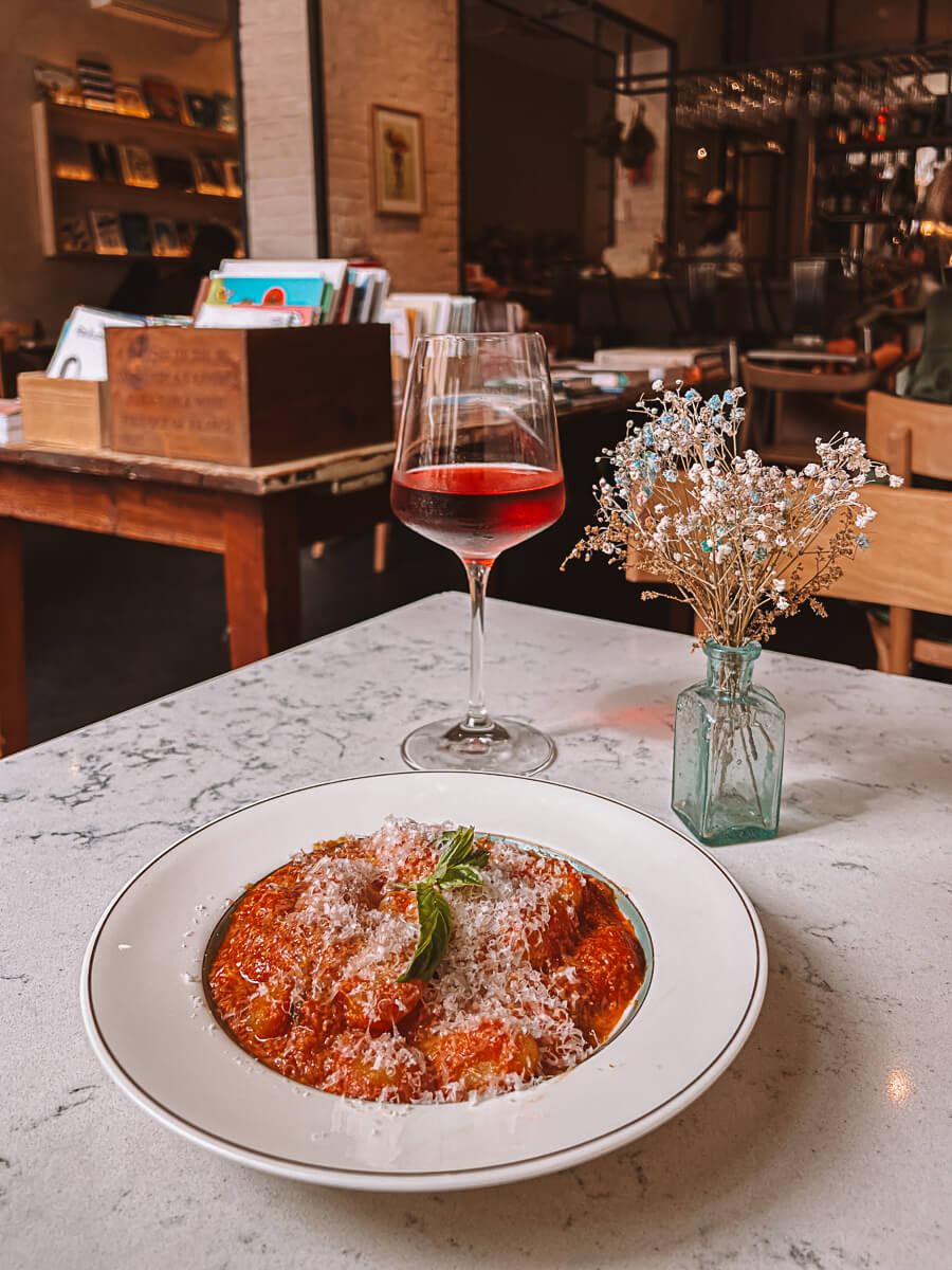Gnocchi dish at Sullaluna bistrot and bookshop in New York