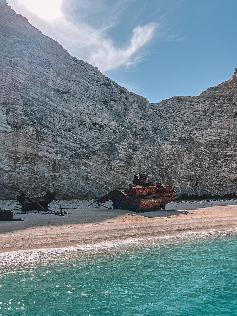 View of the shipwreck on Navagio Shipwreck Island near Zakynthos Greece 