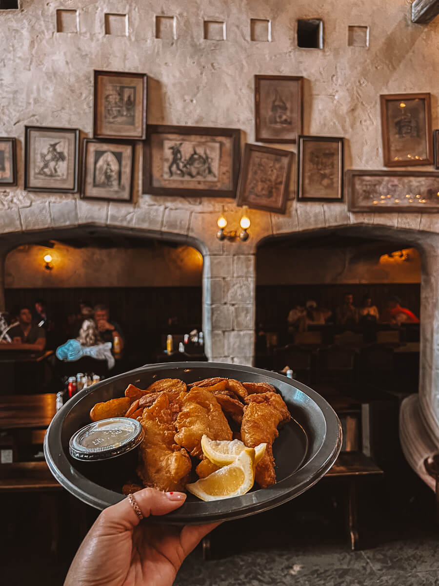 Fish and chips at the Three Broomsticks pub in Wizarding World of Harry Potter Orlando 