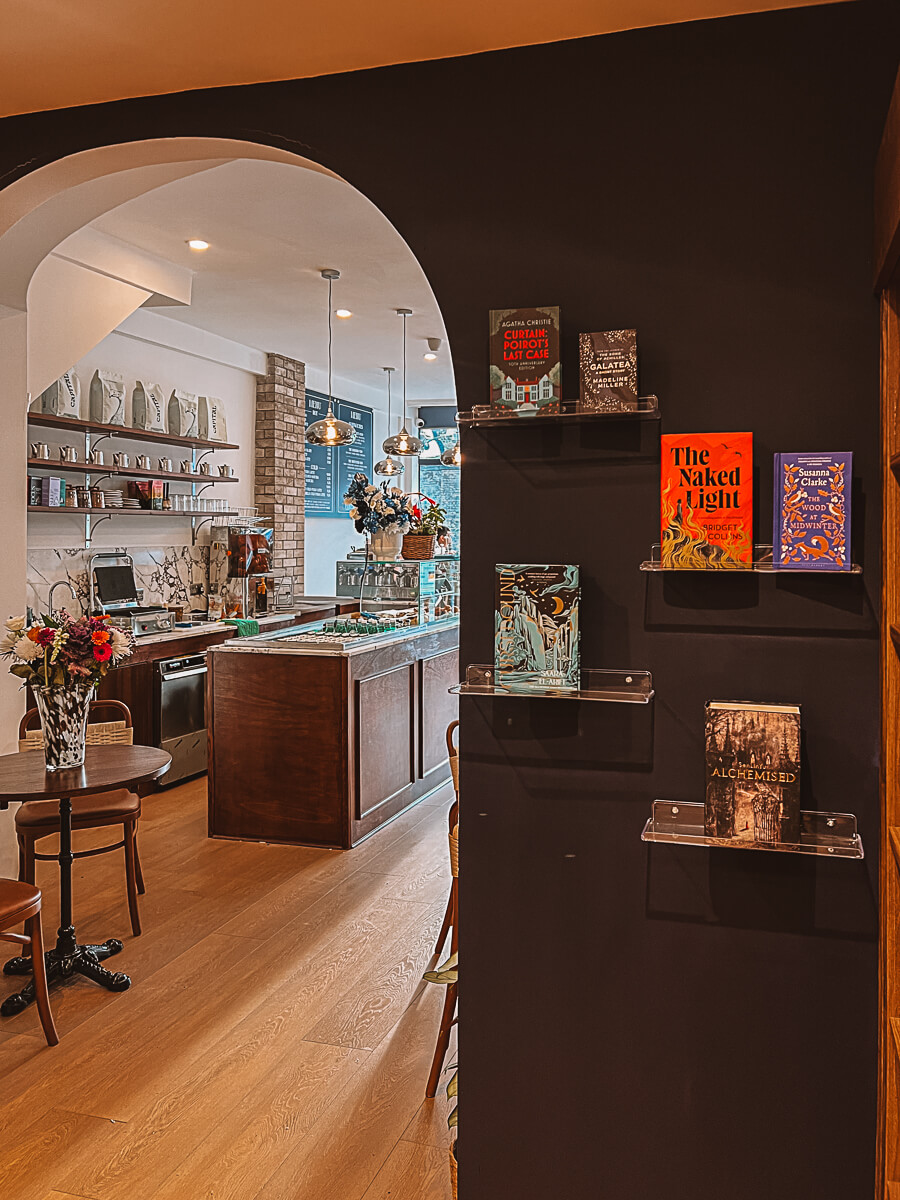Inside Fable & Falcon Bookshop Cafe in Chalk Farm