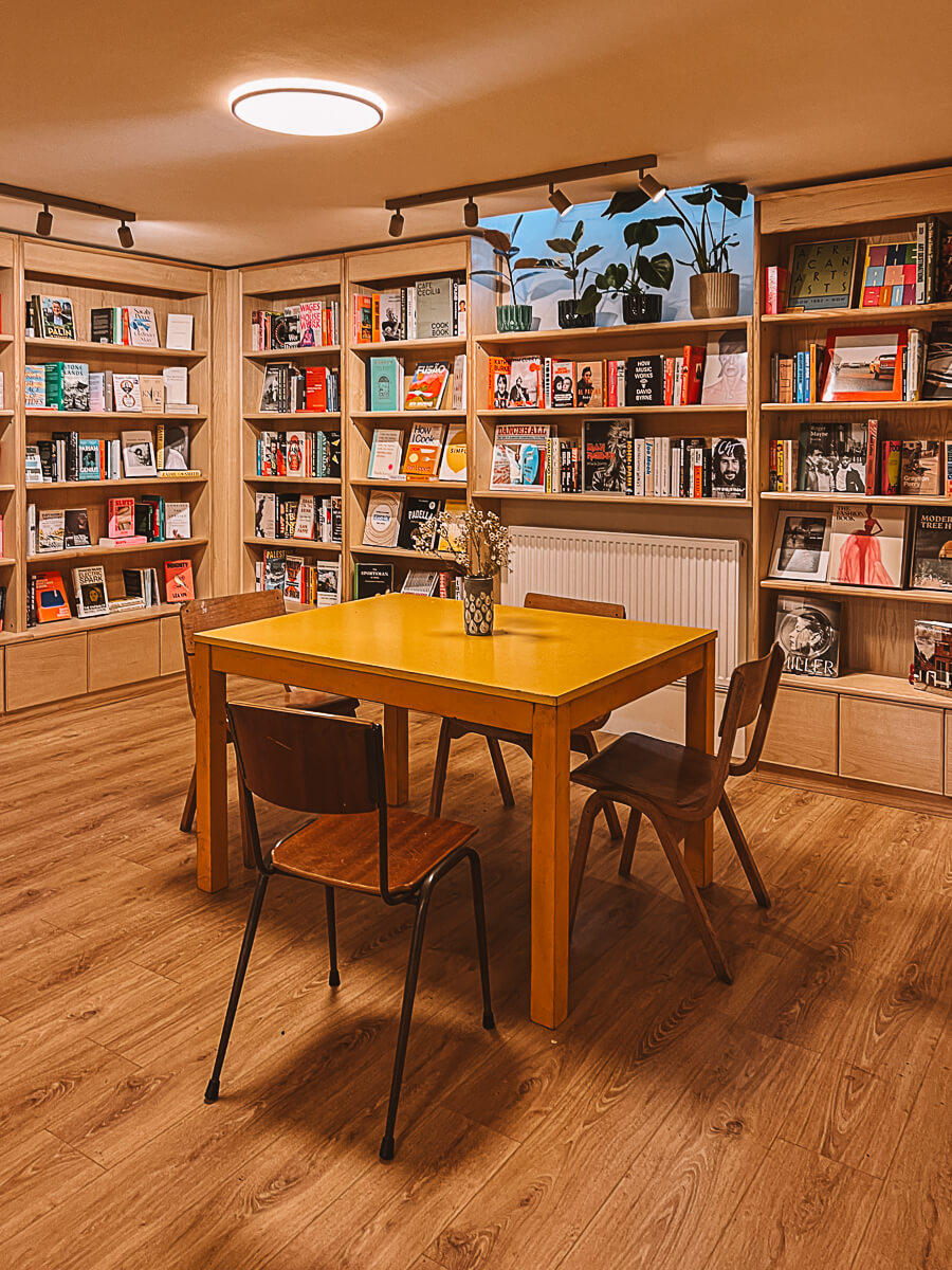 Seating area at Funny Weather Bookshop in Hampstead