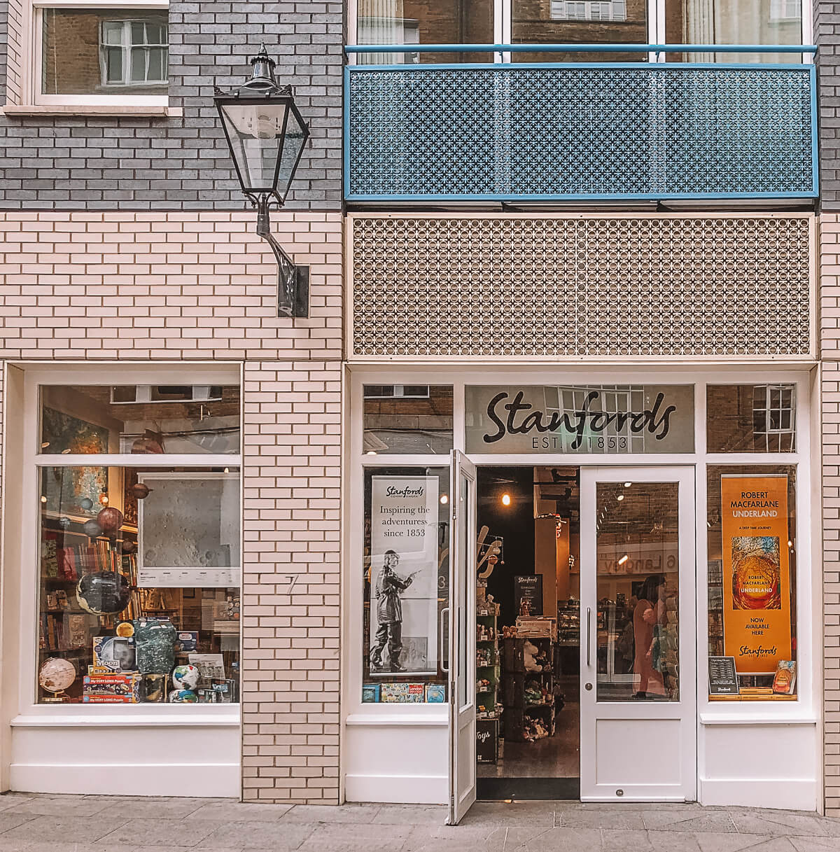 Outside Stanfords, a historic travel bookshop in London