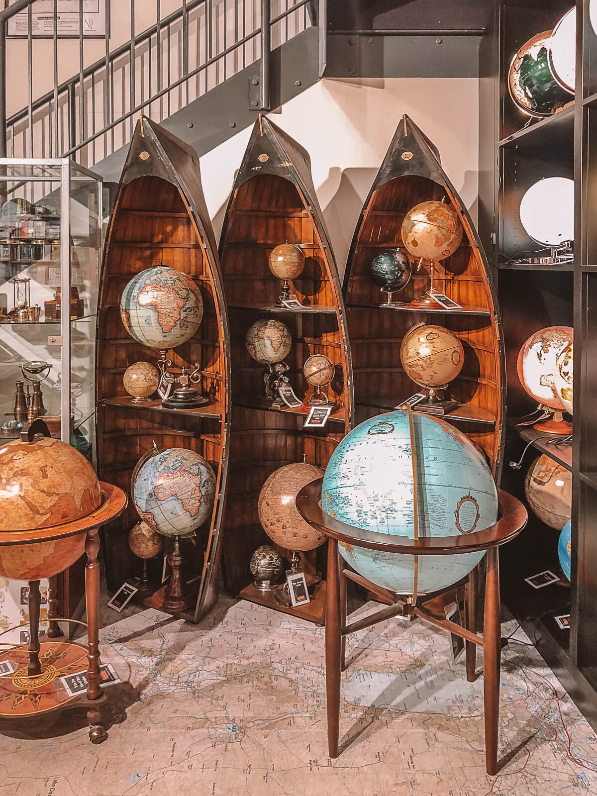 Globes inside Stanfords travel bookshop in London